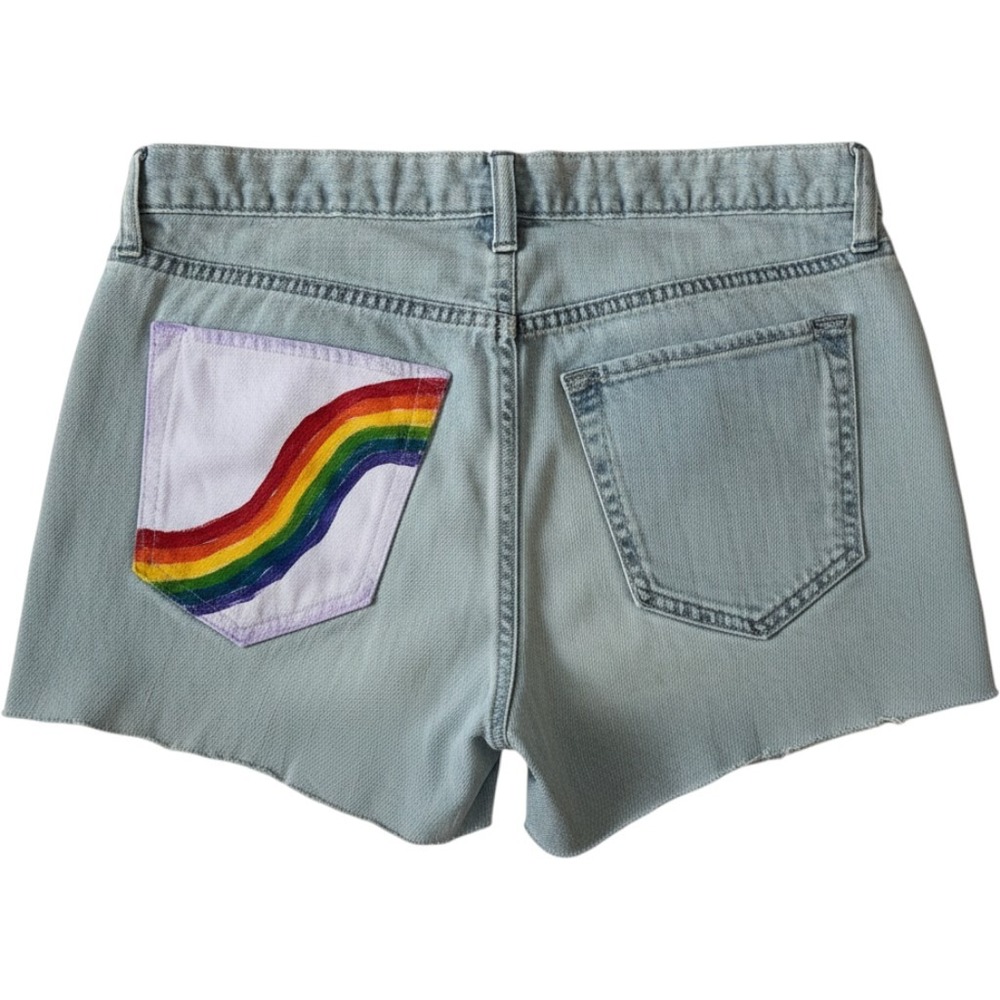 Eddie Bauer Denim Shorts Women 2 Light Wash Rainbow Painted Raw Hem Slim Fit